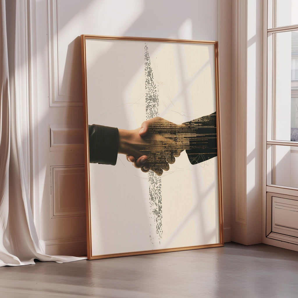 a framed picture of two hands clasping in a handshake, with a cityscape or abstract pattern in the background.