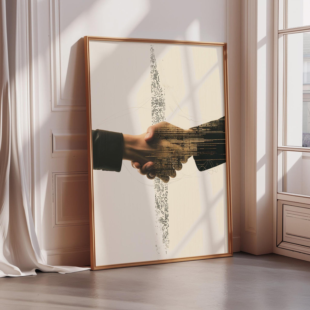 a framed picture of two hands clasping in a handshake, with a cityscape or abstract pattern in the background.