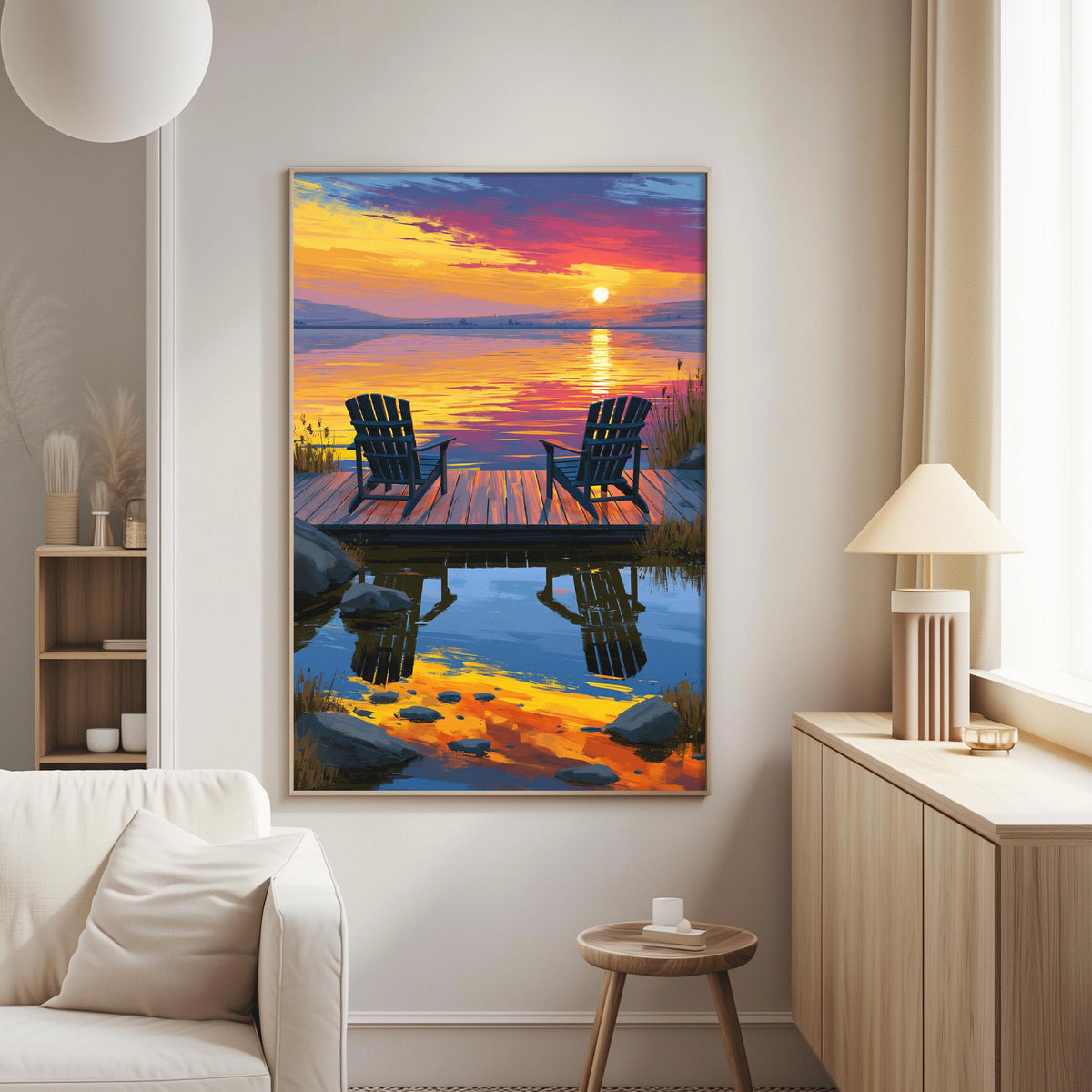 a serene lakeside scene with a wooden dock and two black Adirondack chairs overlooking the water. The sky is filled with vibrant colors, creating a picturesque sunset.