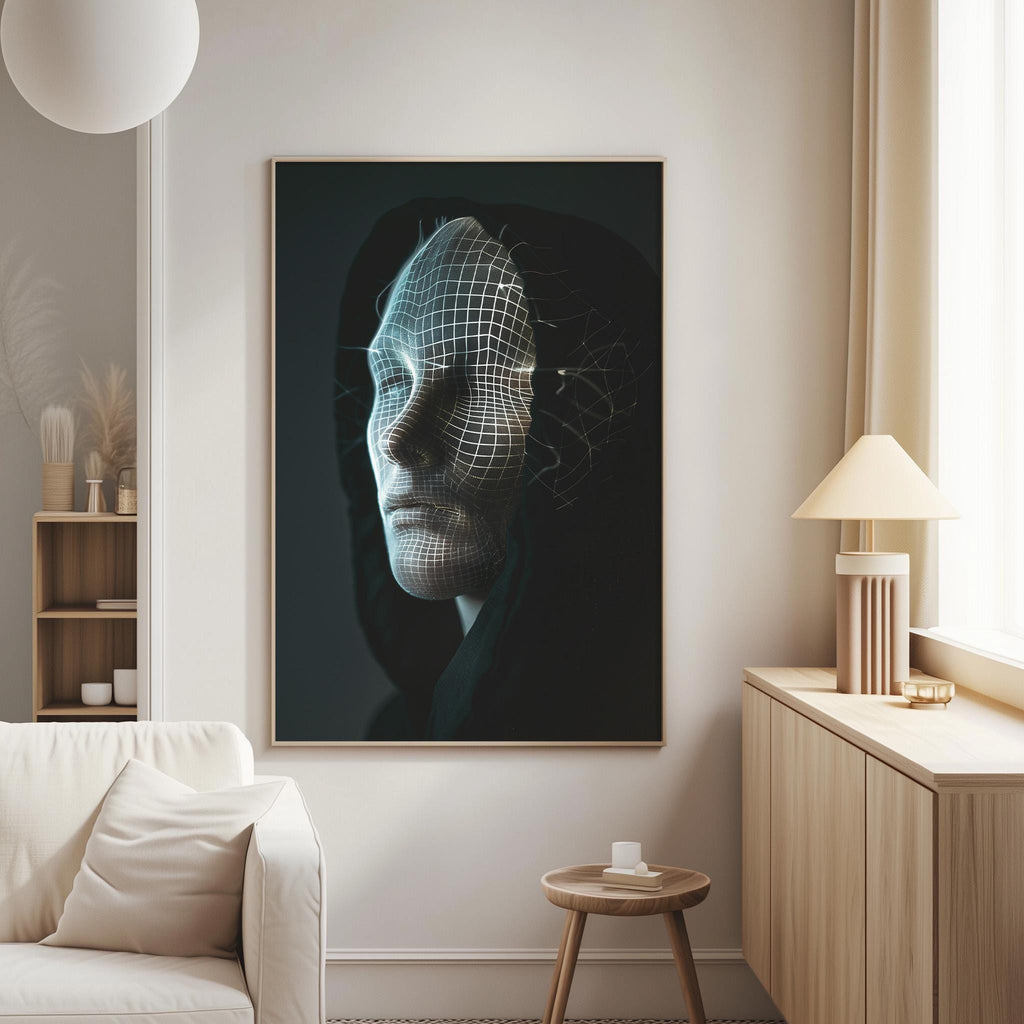 a large, dark-colored portrait of a person's face, hanging on a wall in a living room setting.