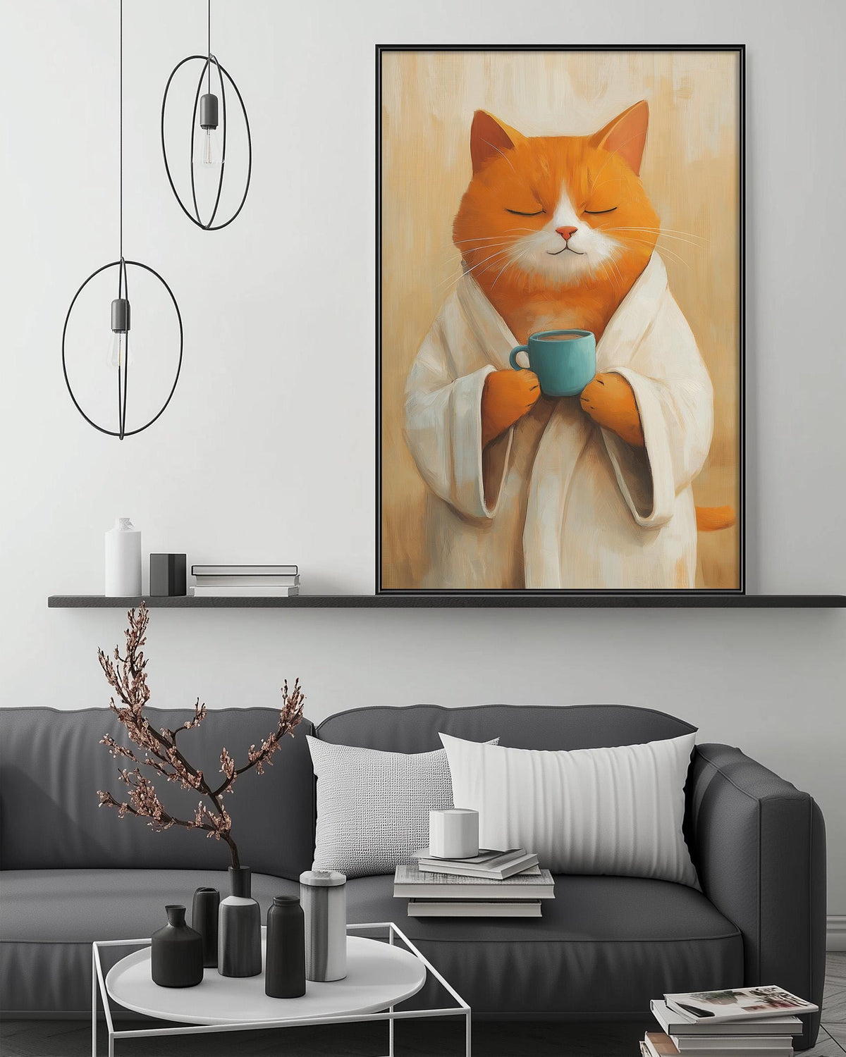 a cozy living room with a gray couch, a coffee table, and a large framed painting of an orange cat wearing a white robe and holding a cup of tea.