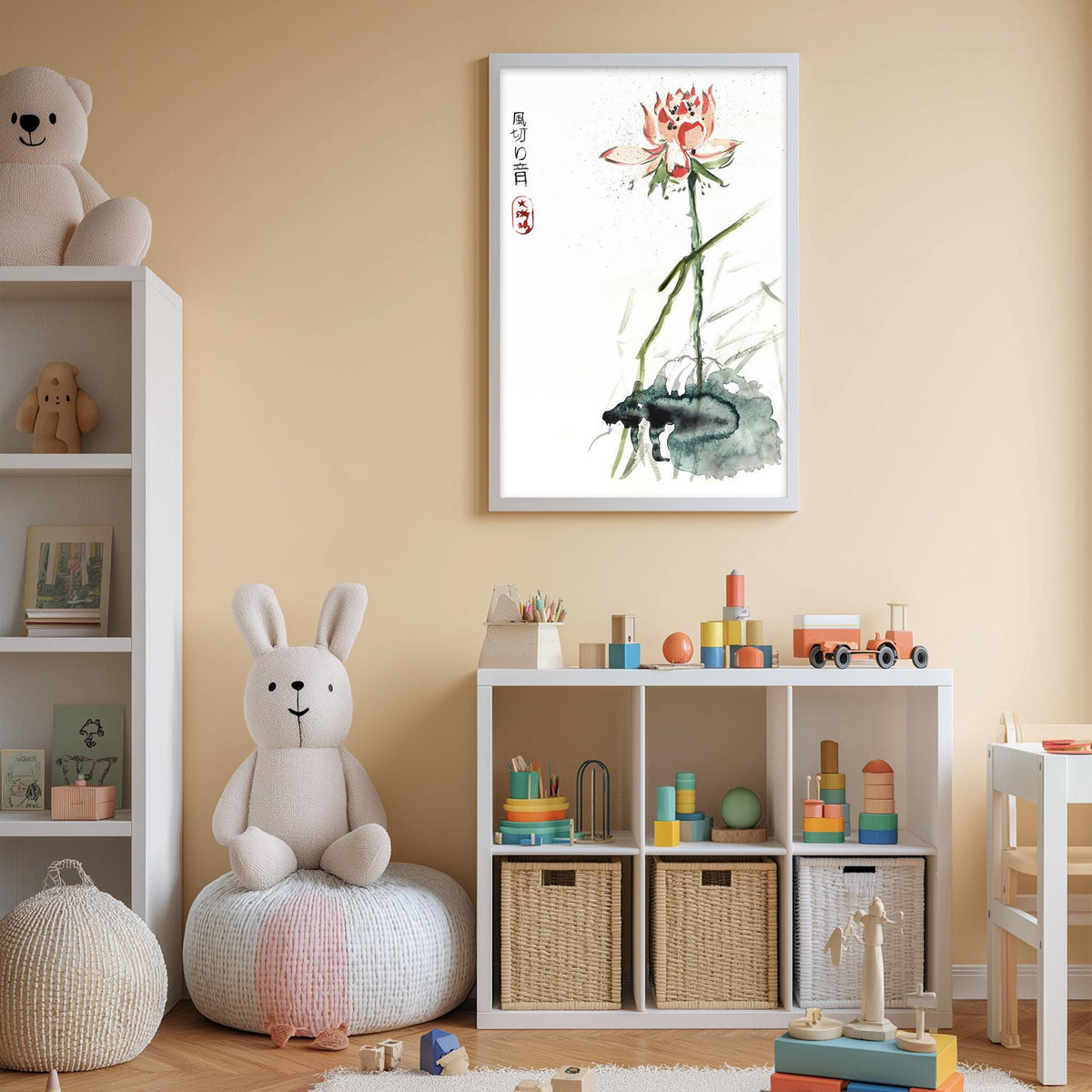 A child's bedroom with a white bookshelf, a stuffed rabbit, and a framed watercolor painting of a flower on the wall.