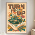 a poster with a record player and flowers on a wall in a living room.