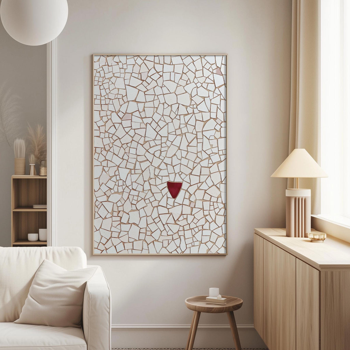 a modern living room with a white sofa, a wooden side table, and a large abstract painting on the wall.