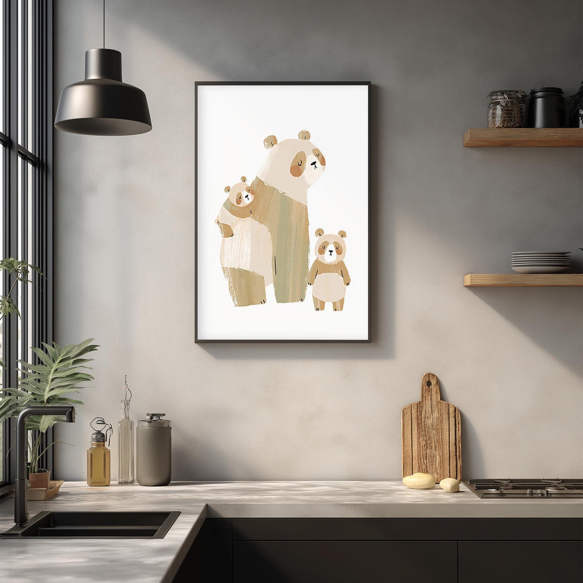 a kitchen scene with a framed illustration of three cartoon bears on the wall above a countertop with various kitchen items such as a cutting board, a bottle, and a bowl.