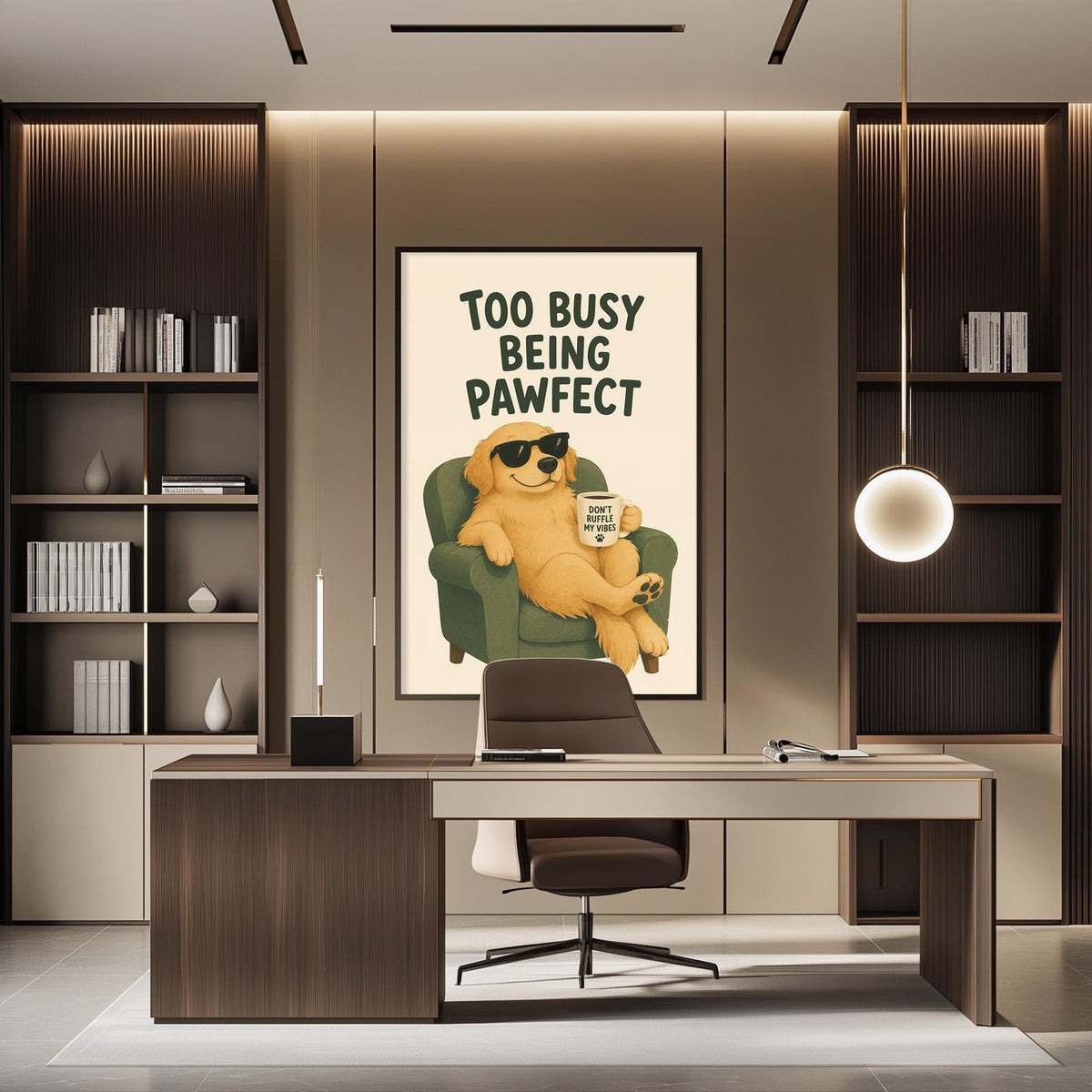 a modern office space with a large poster of a dog sitting in a chair, wearing sunglasses and holding a cup, with the text "Too busy being pawfect" written on it.