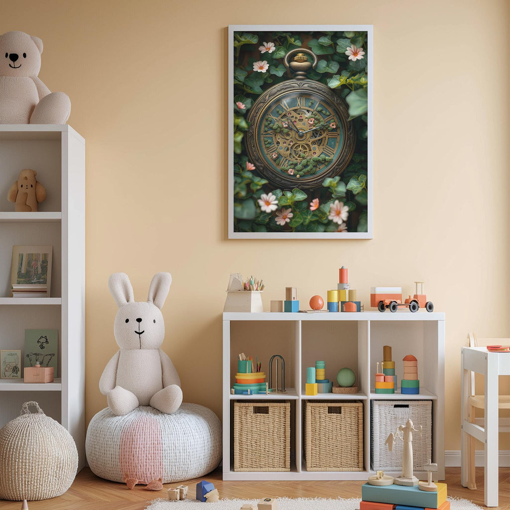 A cozy children's room with a large clock on the wall, a stuffed rabbit, and a bookshelf filled with toys and books.