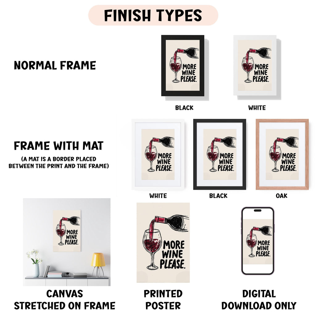 various framed artworks and a smartphone displaying a wine-related message. The artworks are labeled as "NORMAL FRAME", "FRAME WITH MAT (A MAT IS A BORDER PLACED BETWEEN THE PRINT AND THE FRAME)", "WHITE", "BLACK", "BLACK OAK", and "CANVAS STRETCHED ON FRAME". The smartphone displays the phrase "MORE WINE PLEASE". The image is a collage of multiple images, and the text is not repetitive or redundant.