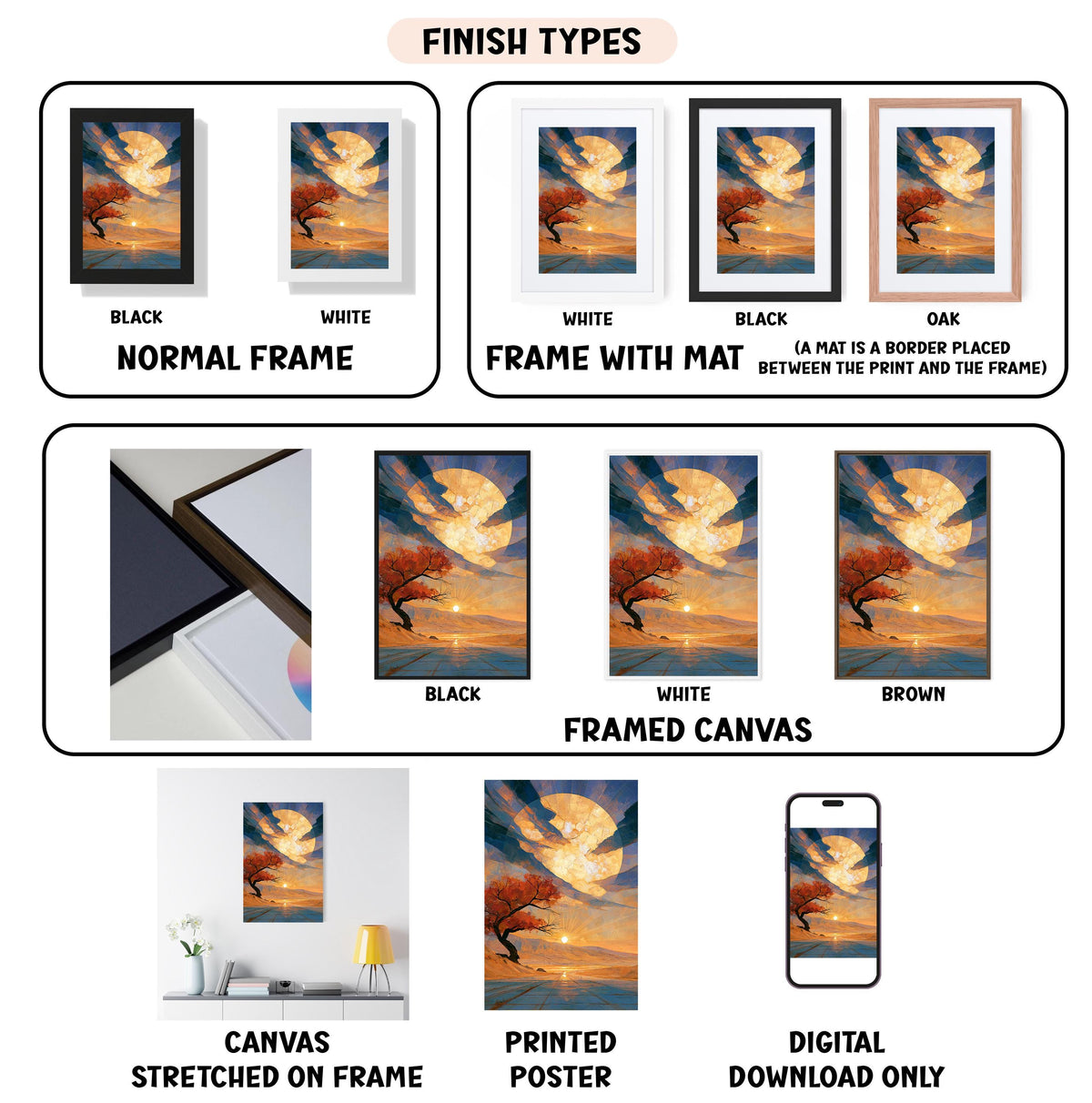various types of artwork, including paintings, framed prints, and digital art, each with different finishes and frame styles.