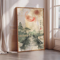 Zen Japanese Bridge Print – Red Sun Landscape Wall Art, Sumi-e Style Poster