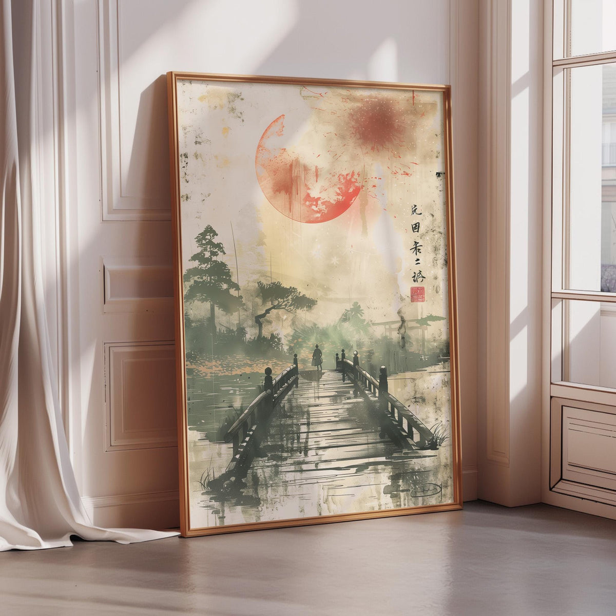Zen Japanese Bridge Print – Red Sun Landscape Wall Art, Sumi-e Style Poster