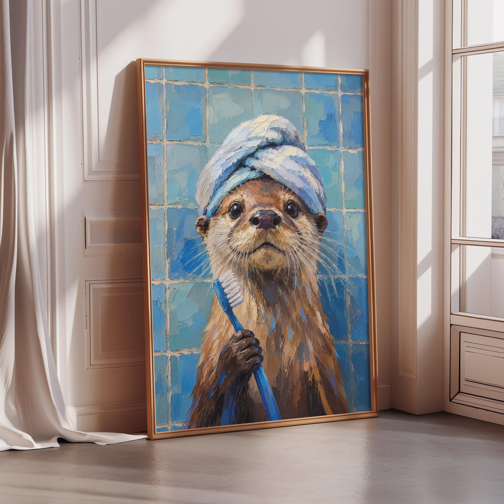 A painting of an otter holding a blue toothbrush, with a towel wrapped around its head, against a blue tiled wall.