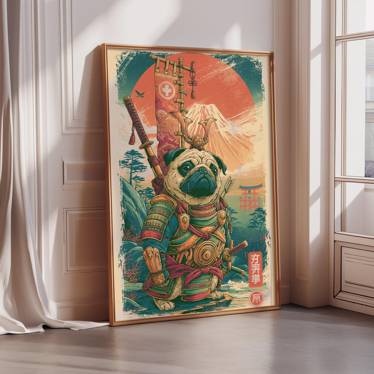 A framed poster depicting a pug wearing traditional Japanese armor and wielding a sword, with a large sun in the background.