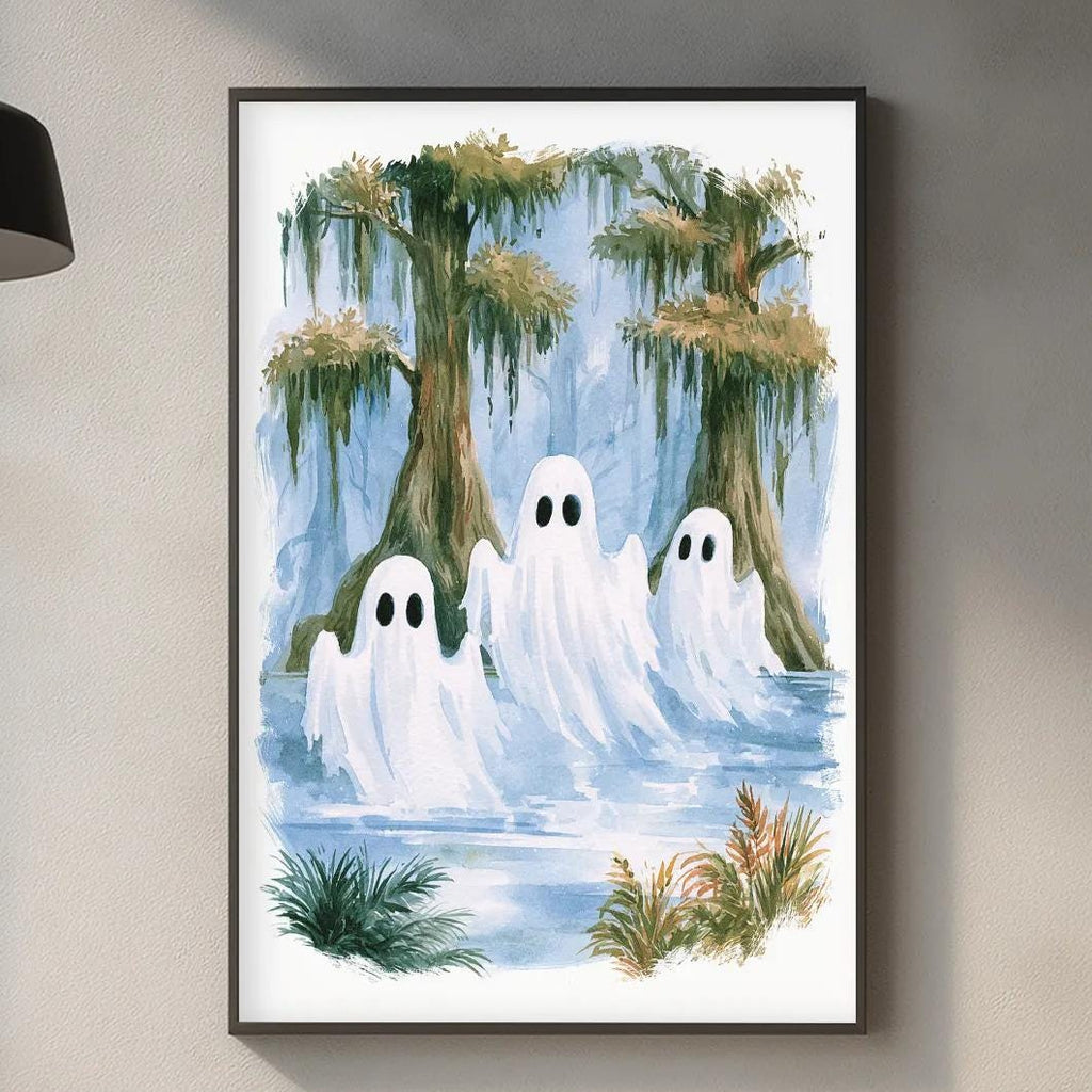 a framed painting of three ghostly figures floating in a swampy, green landscape, hanging on a wall above a kitchen counter.