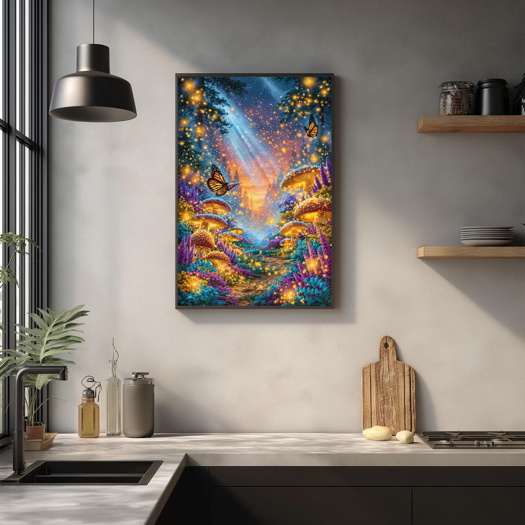 a vibrant and whimsical painting of a mushroom village, with mushrooms glowing in the night sky and butterflies fluttering around the scene. The painting is hung on a wall above a kitchen counter, which has various kitchen items such as a cutting board, a bottle, and a vase. The overall atmosphere of the image is cheerful and imaginative, with the painting serving as a focal point in the room.