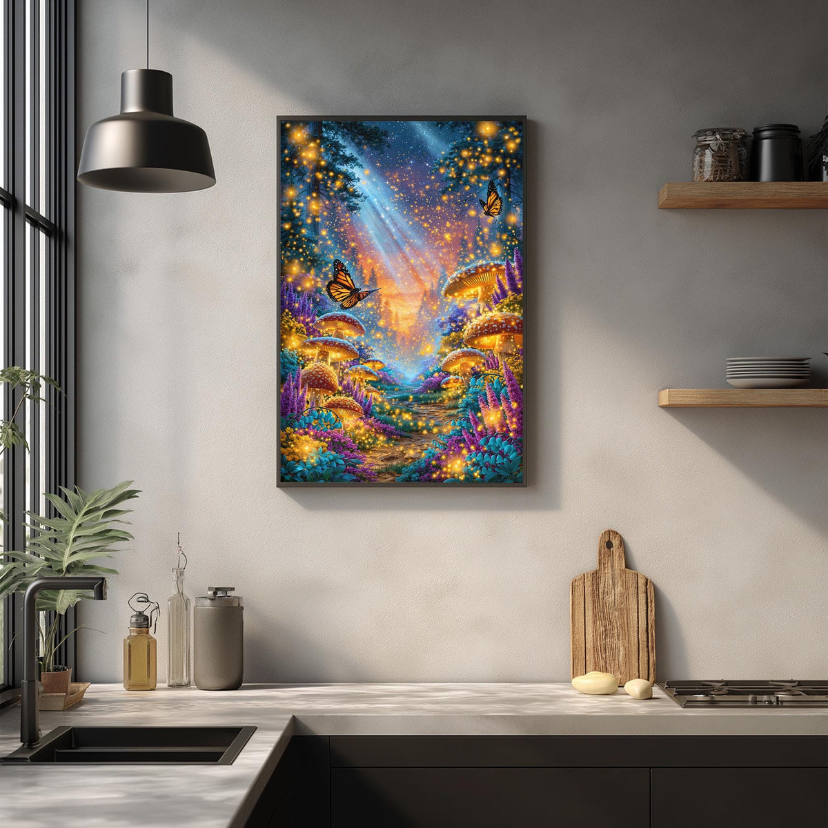 a vibrant and whimsical painting of a mushroom village, with mushrooms glowing in the night sky and butterflies fluttering around the scene. The painting is hung on a wall above a kitchen counter, which has various kitchen items such as a cutting board, a bottle, and a vase. The overall atmosphere of the image is cheerful and imaginative, with the painting serving as a focal point in the room.