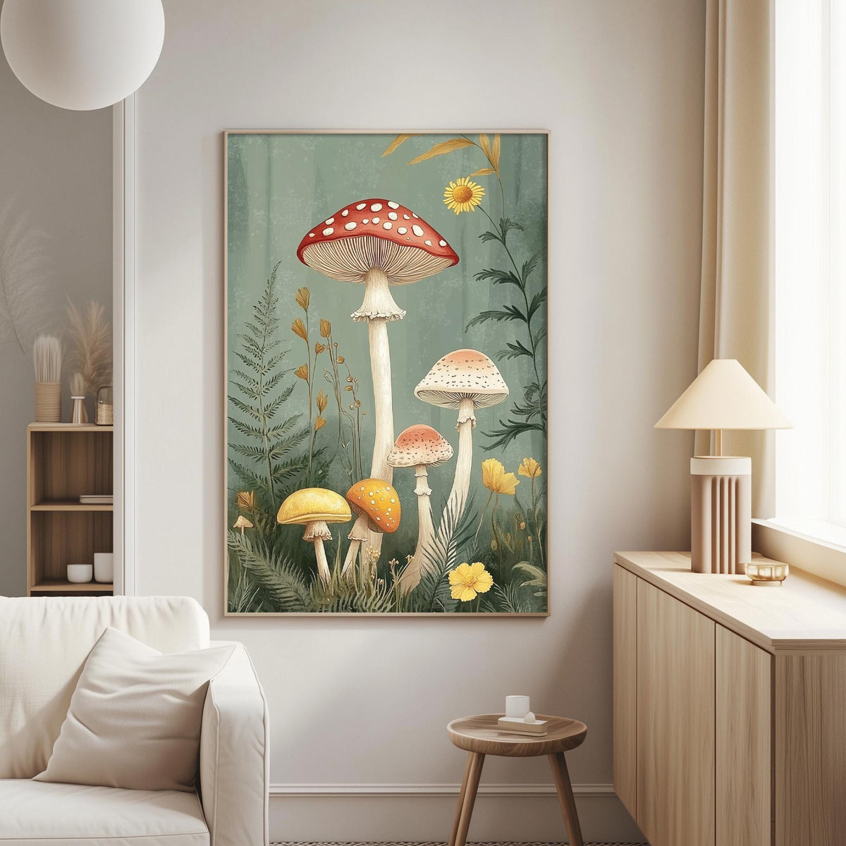 a large framed painting of mushrooms and flowers hanging on a wall in a living room.
