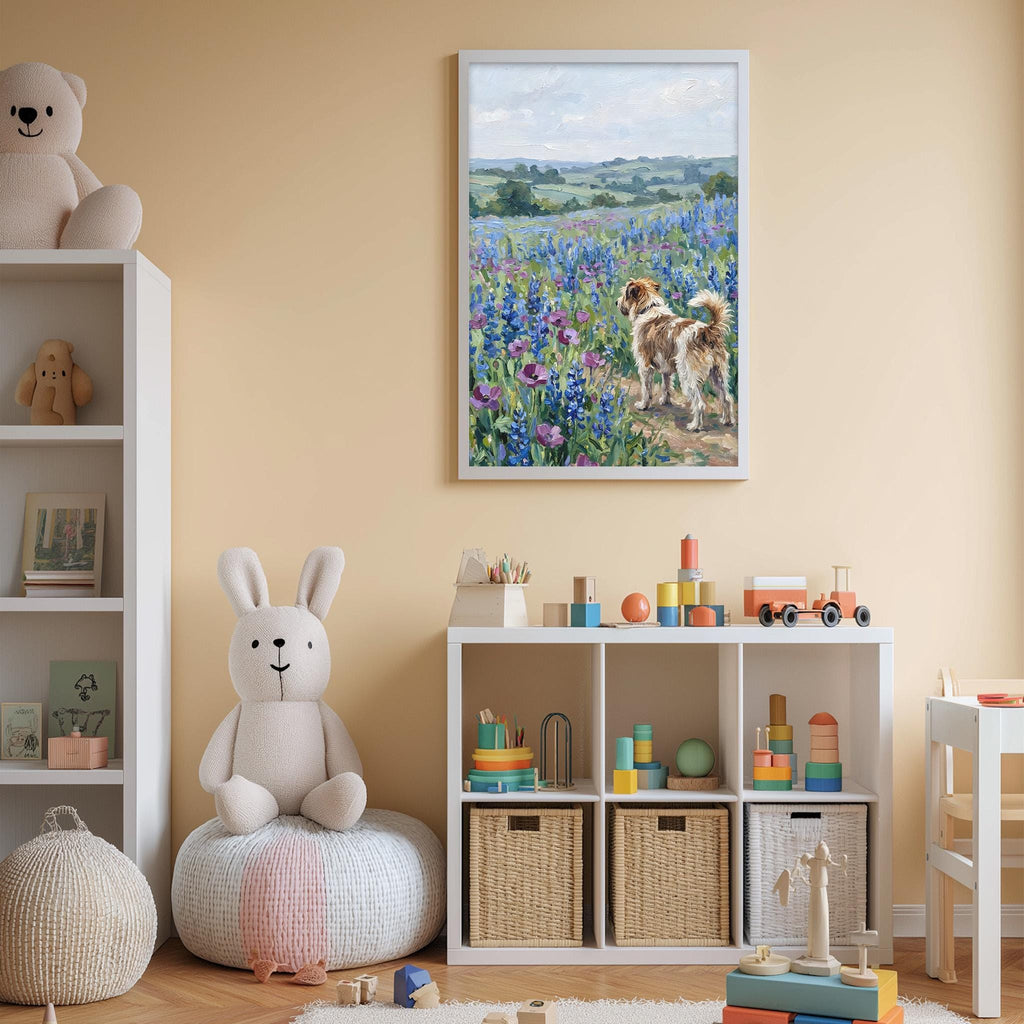 A cozy children's room with a large stuffed bunny, a toy train, and a framed painting of a dog in a field of flowers. The room also contains shelves filled with toys and storage bins.