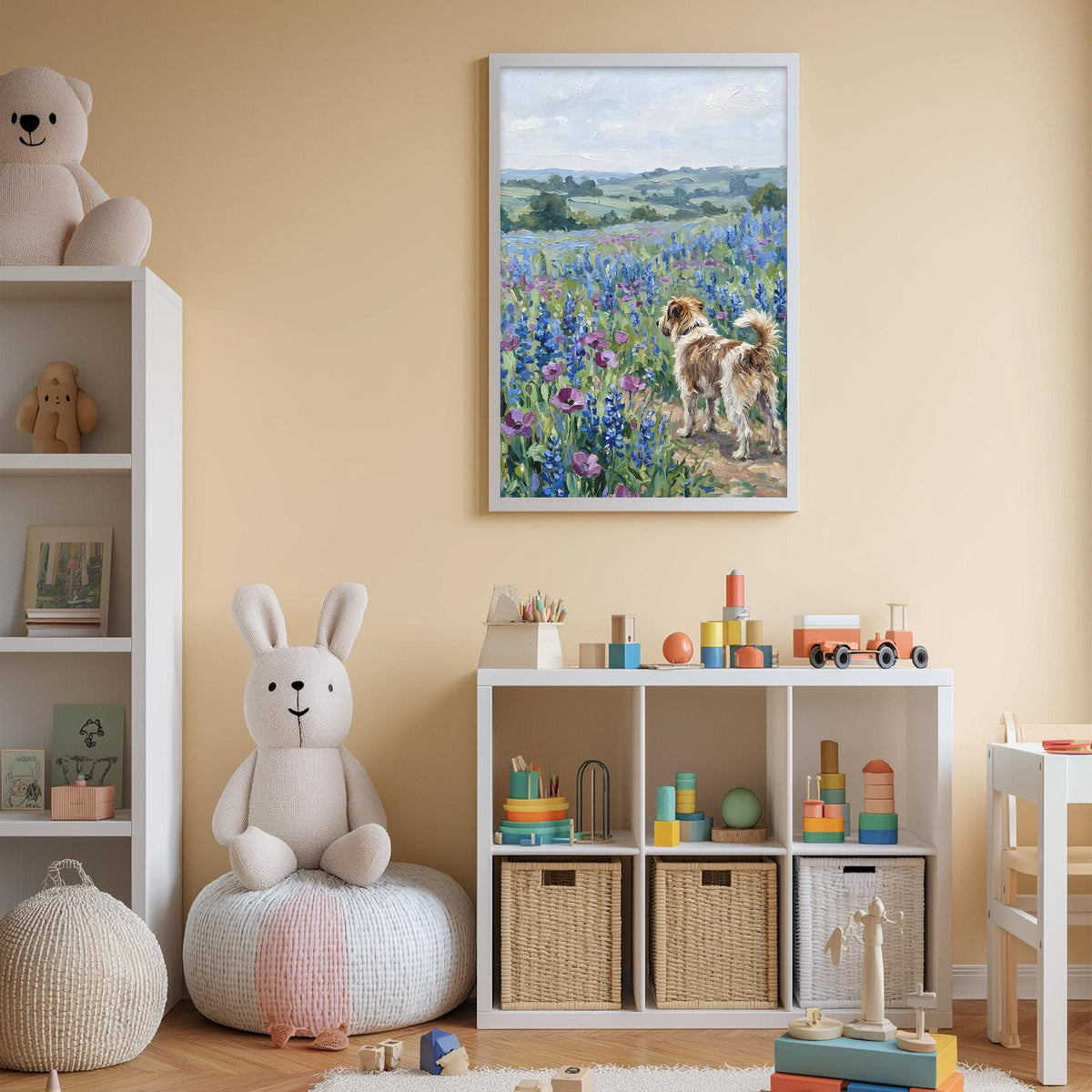 A cozy children's room with a large stuffed bunny, a toy train, and a framed painting of a dog in a field of flowers. The room also contains shelves filled with toys and storage bins.