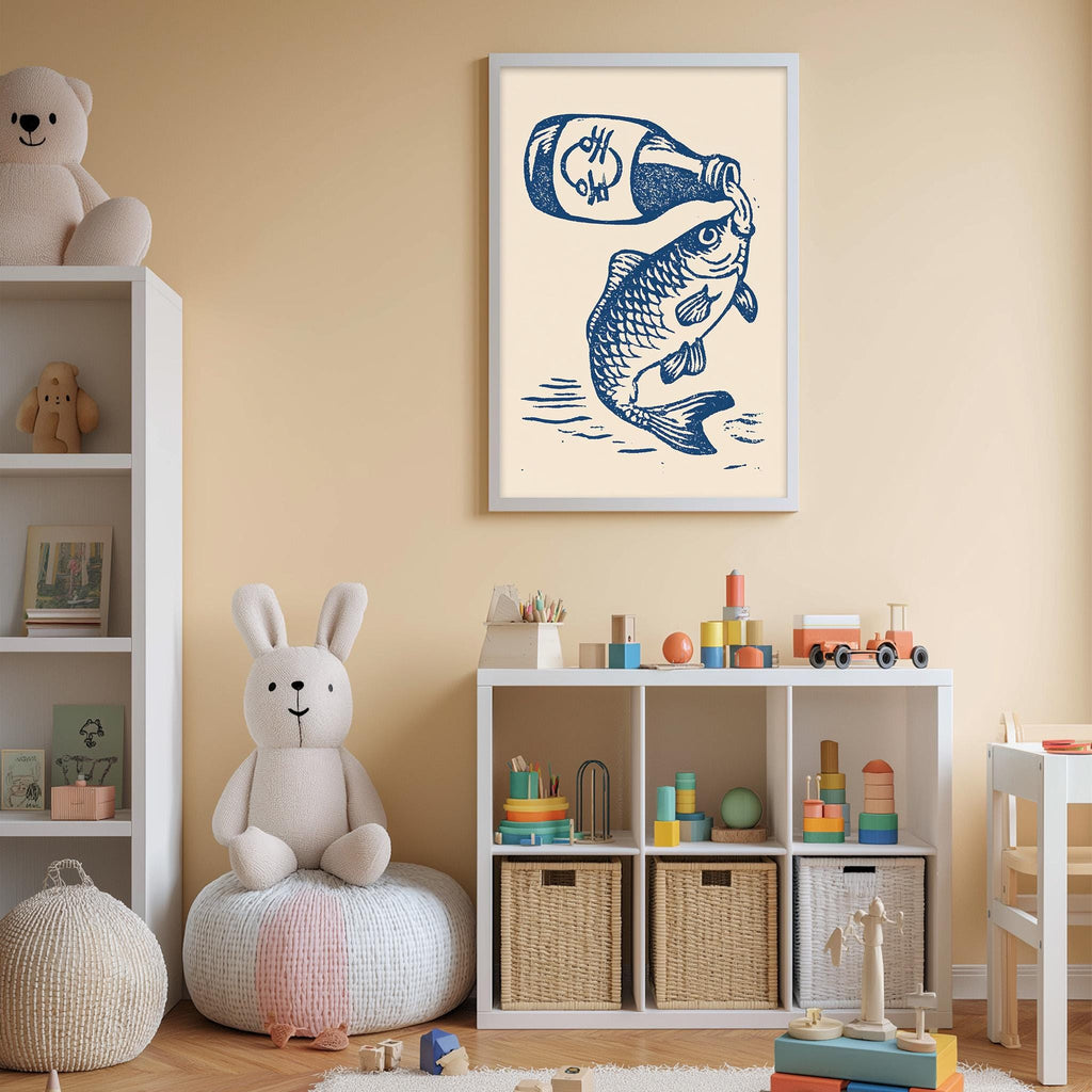 A child's bedroom with a white bookshelf, a stuffed rabbit, a toy train, and a framed illustration of a fish holding a jar with money inside.