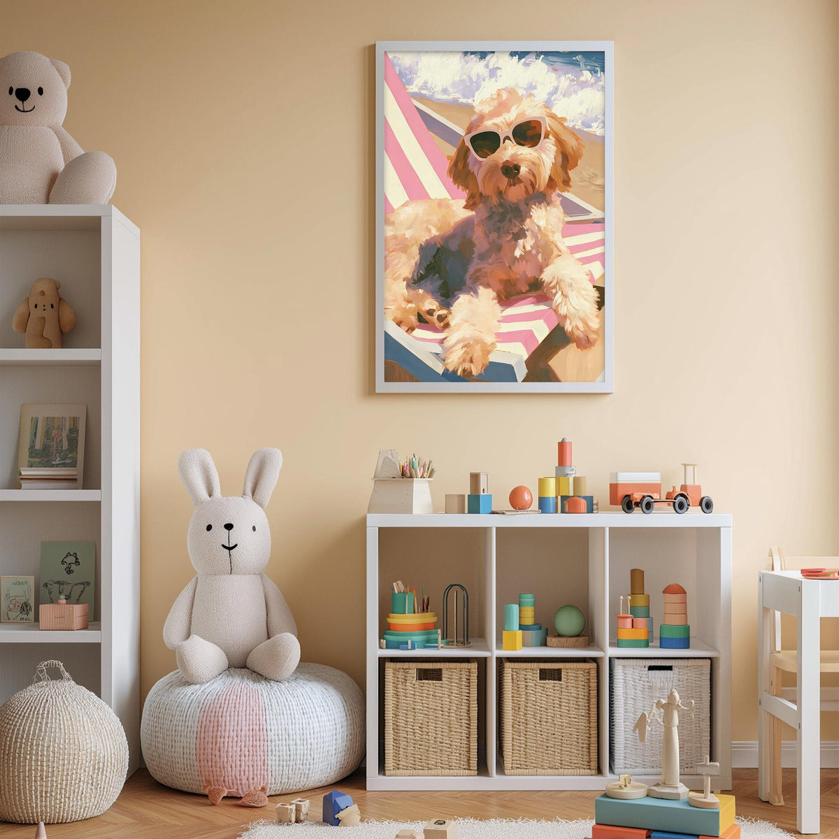 A cozy children's room with a large stuffed bunny, a framed painting of a dog in sunglasses, and a toy shelf filled with various toys.