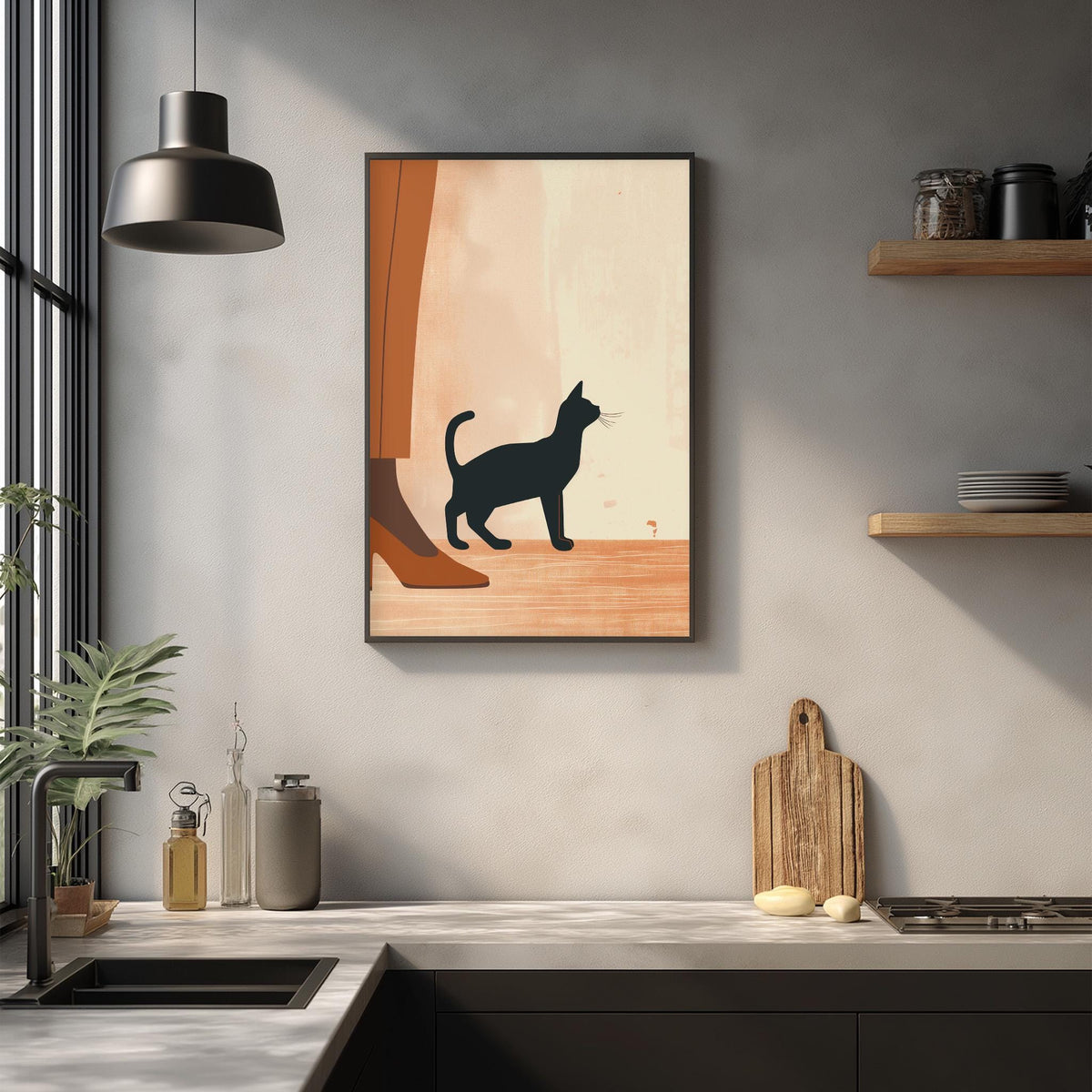 a kitchen scene with a framed illustration of a cat on the wall, a wooden cutting board, and various kitchen items such as a sink, a potted plant, and a bottle.