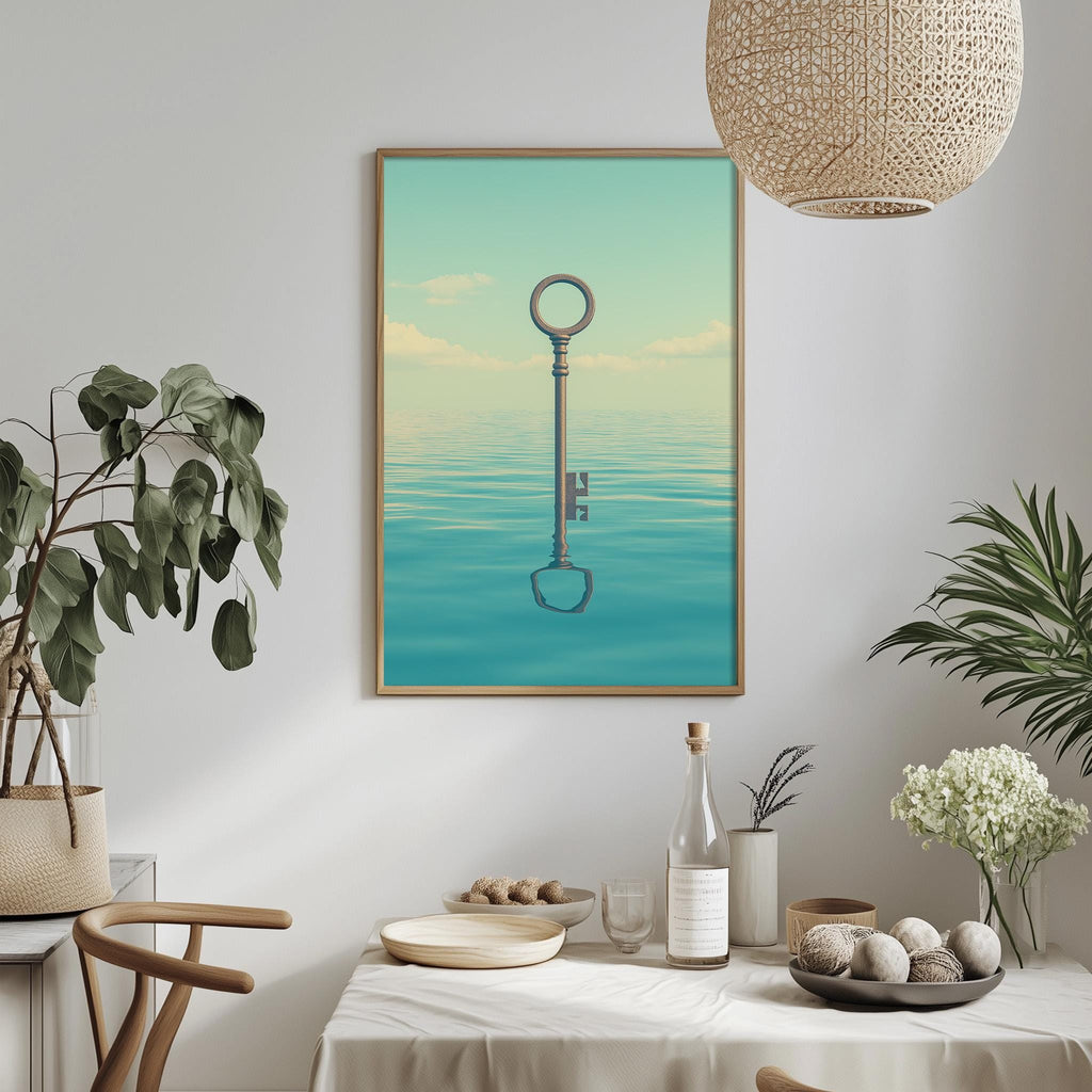 a framed artwork of a key floating in a blue ocean, surrounded by various decorative elements such as plants, a table setting, and a hanging light fixture.