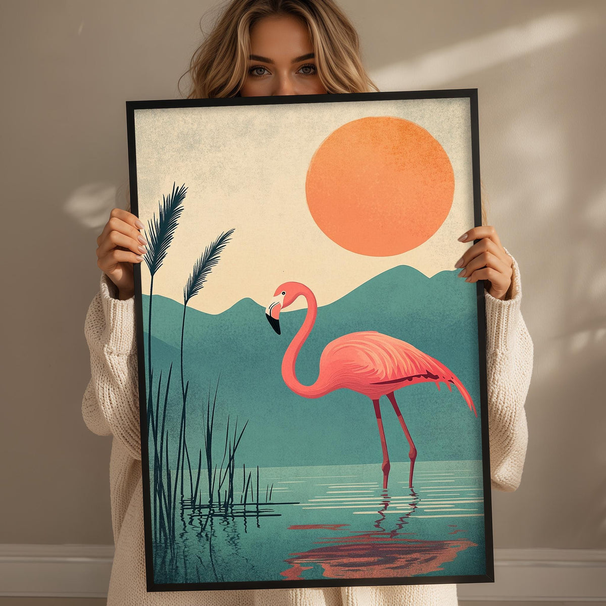 A woman holds up a framed print depicting a pink flamingo standing in a body of water, with a large orange sun in the background.