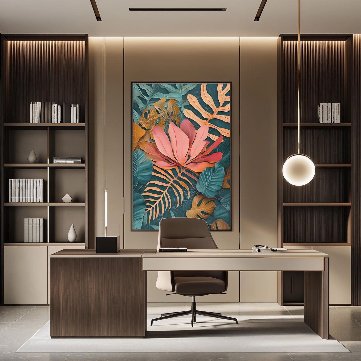 a modern and stylish office space with a large tropical-themed painting on the wall, a wooden desk with a chair, and built-in bookshelves.