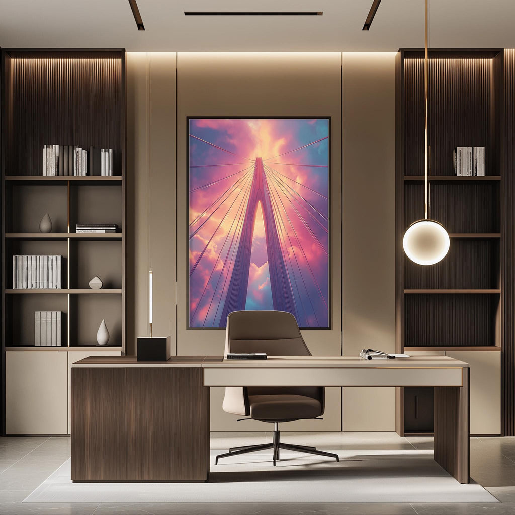 a modern office space with a large abstract painting of a bridge in the background, a wooden desk with a chair, and built-in bookshelves.