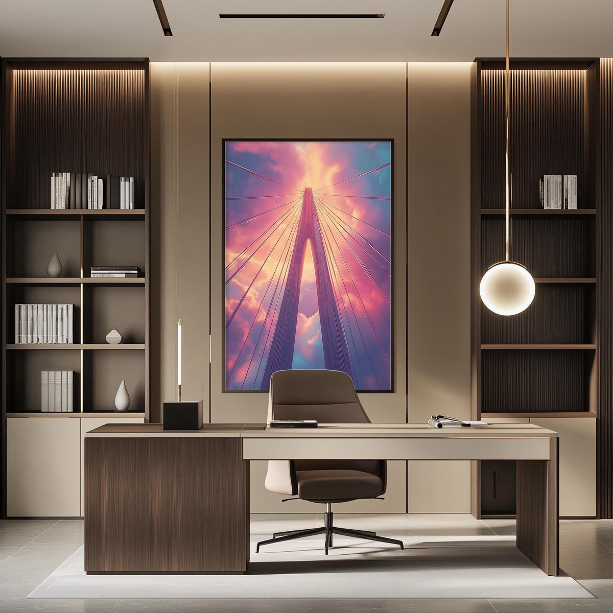 a modern office space with a large abstract painting of a bridge in the background, a wooden desk with a chair, and built-in bookshelves.