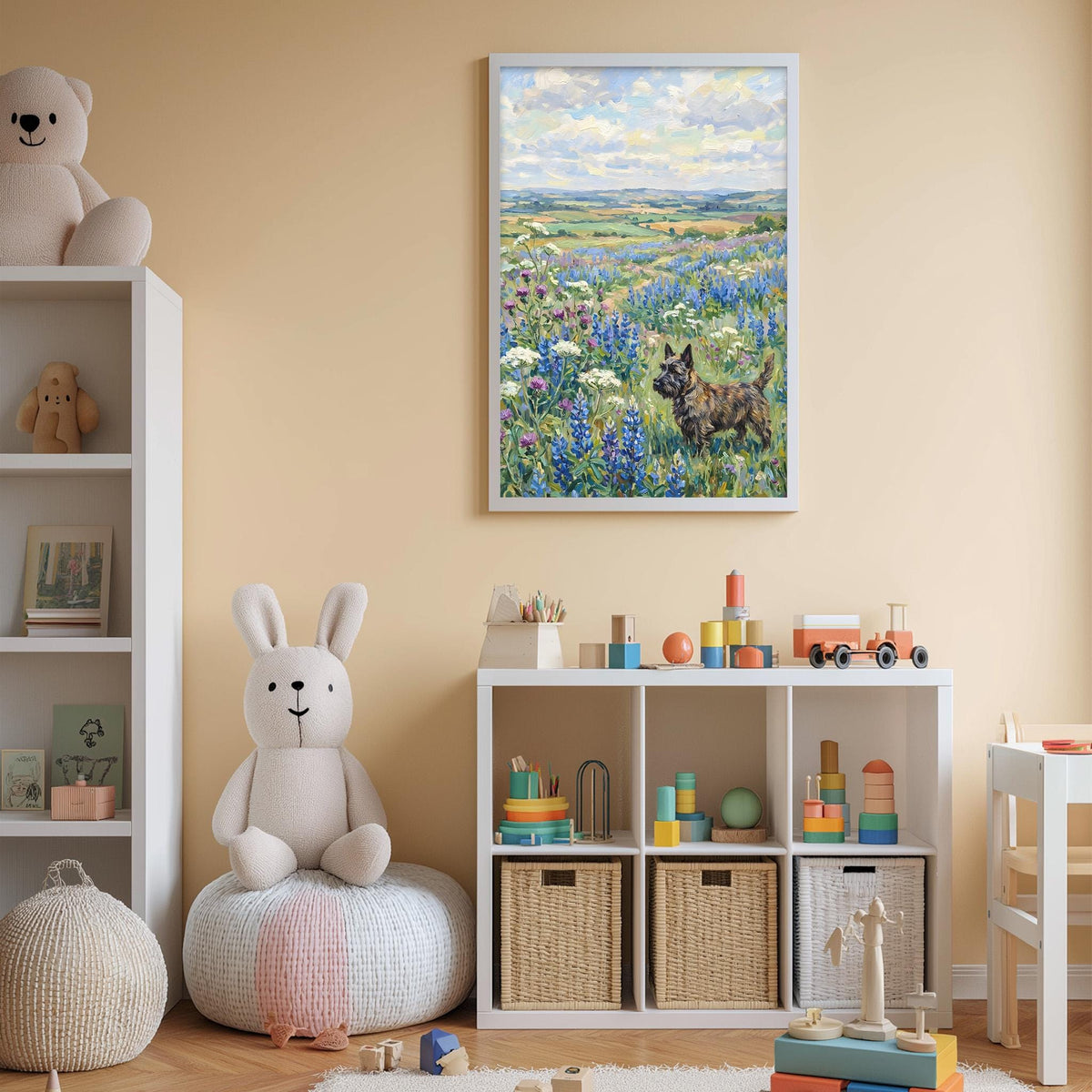 A cozy children's room with a large stuffed bunny, a toy train, and a bookshelf filled with toys and books. A framed painting of a field with flowers is hanging on the wall above the bookshelf.