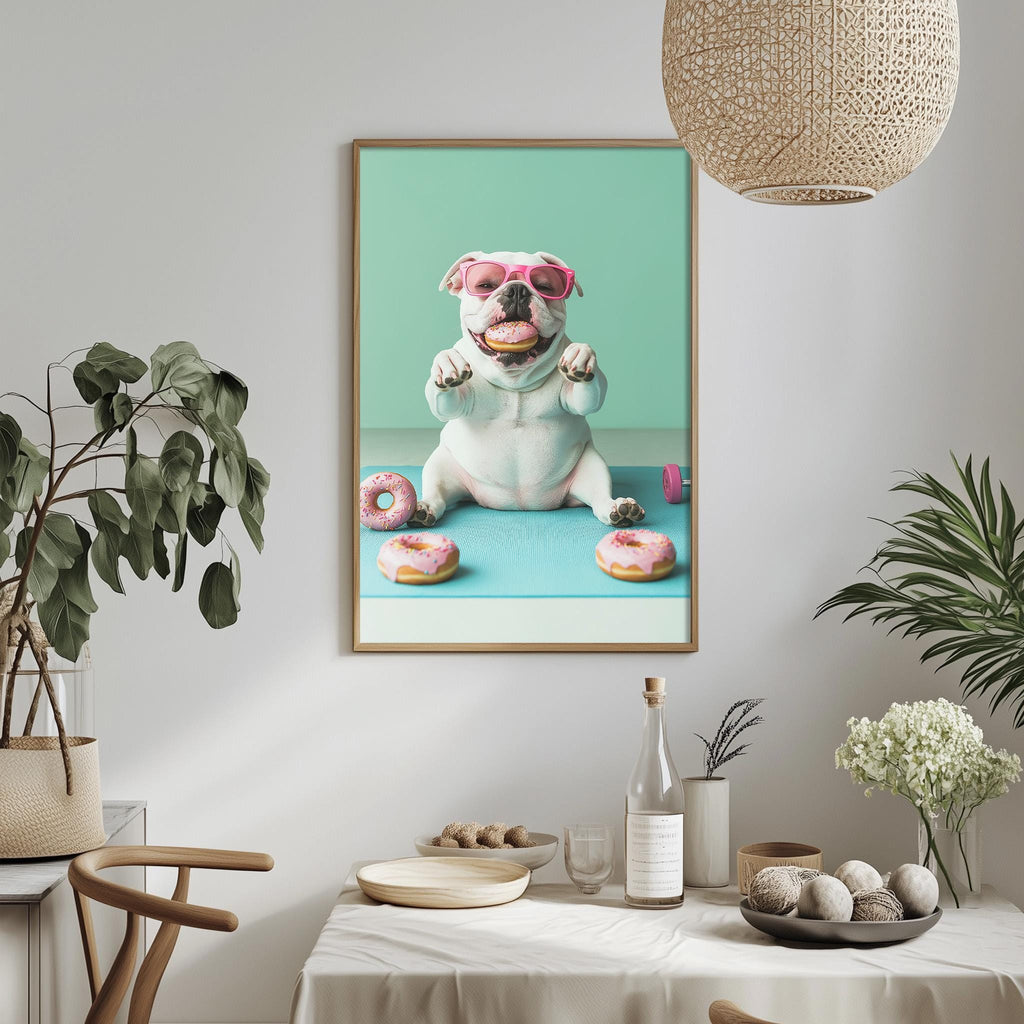 A framed image of a dog sitting on a table surrounded by doughnuts, with a potted plant and other decorative items in the background.