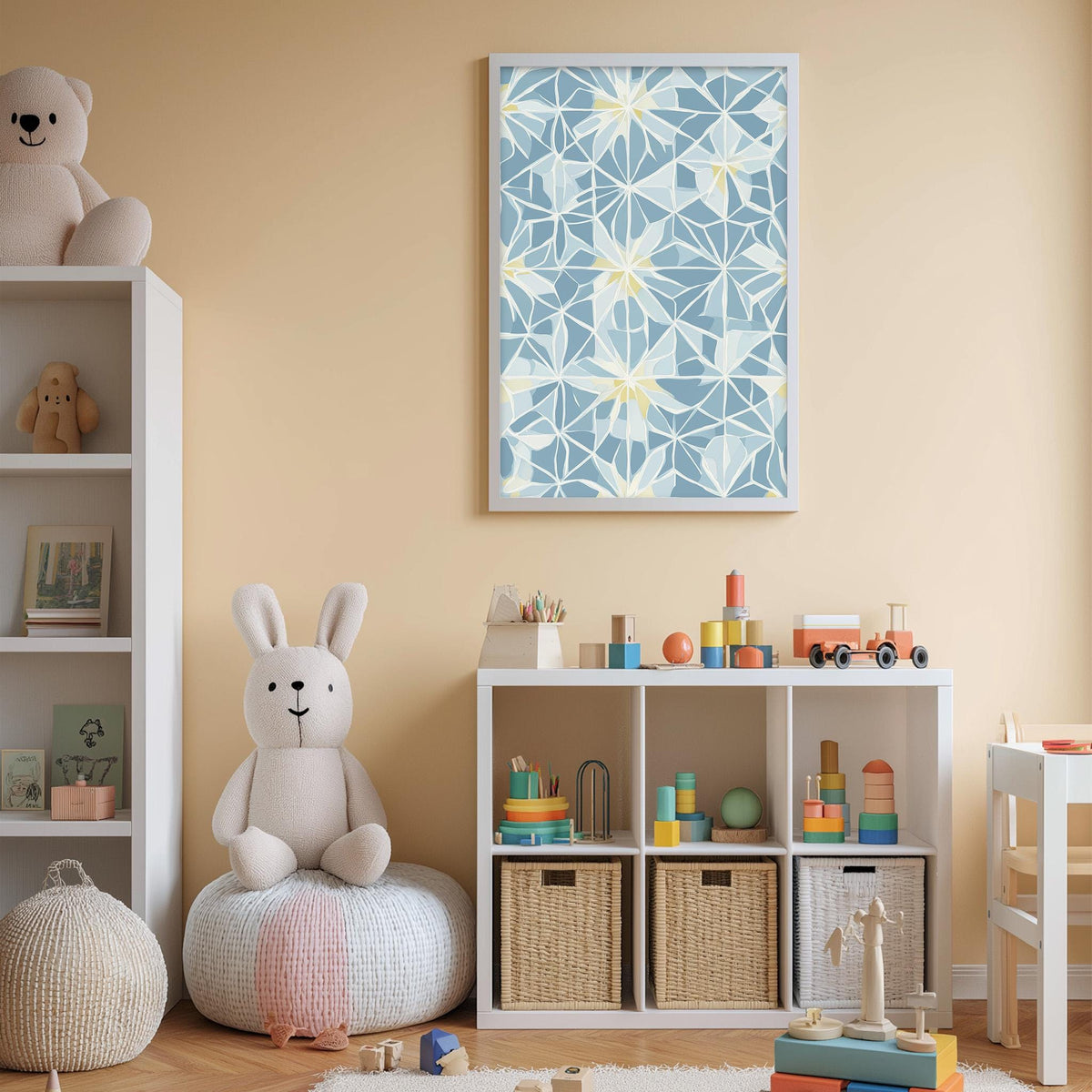 A cozy and colorful children's bedroom with a large stuffed rabbit, a bookshelf, and a toy storage unit filled with toys and games.
