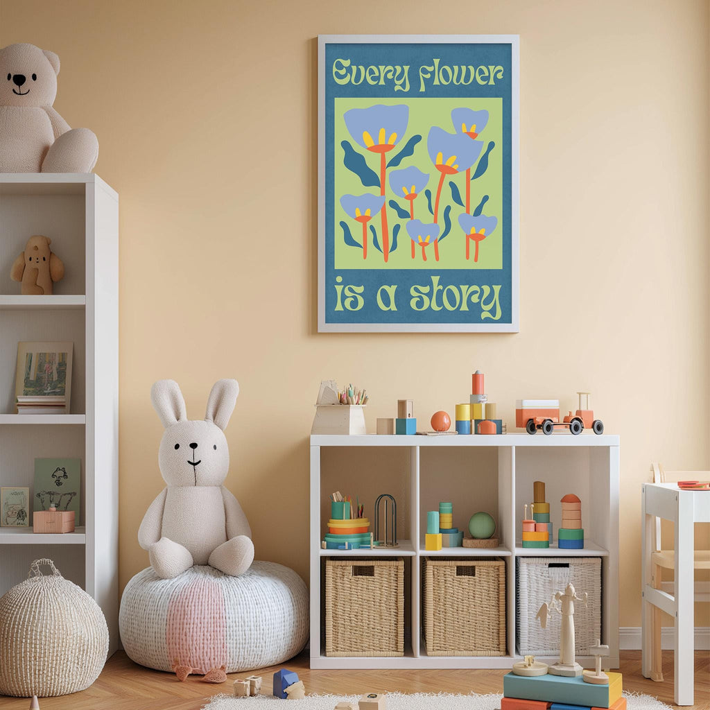 A child's bedroom with a white bookshelf, a stuffed rabbit, a colorful poster, and various toys and storage bins.