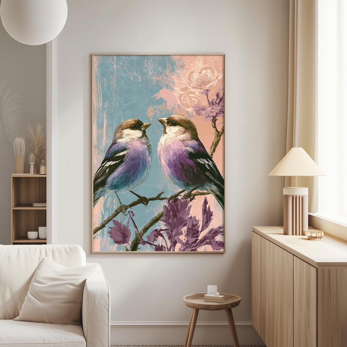 a large painting of two birds perched on a branch, with a colorful and vibrant background. The painting is hung on a wall in a living room setting, with a white couch and a small table nearby.