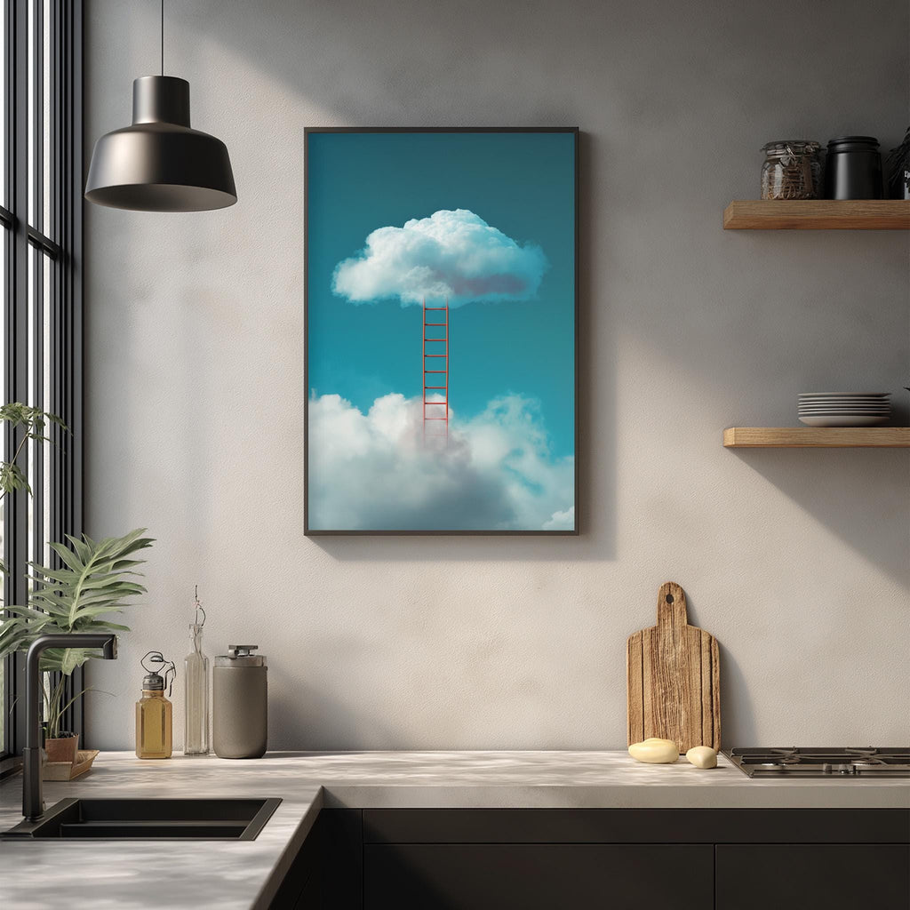 a kitchen counter with a wooden cutting board, a sink, and various kitchen items such as a bottle and a vase. Above the counter, there is a framed image of a ladder leading up to a cloud, creating a whimsical and imaginative scene.