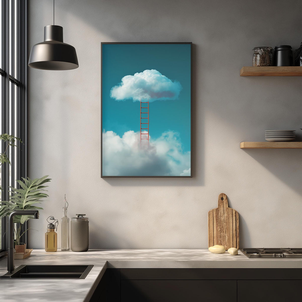 a kitchen counter with a wooden cutting board, a sink, and various kitchen items such as a bottle and a vase. Above the counter, there is a framed image of a ladder leading up to a cloud, creating a whimsical and imaginative scene.