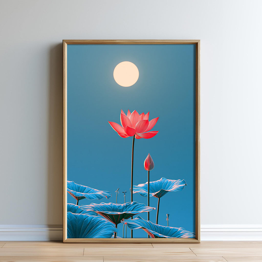 A framed image depicting a vibrant red lotus flower in the center, surrounded by blue lotus petals and a full moon in the night sky.