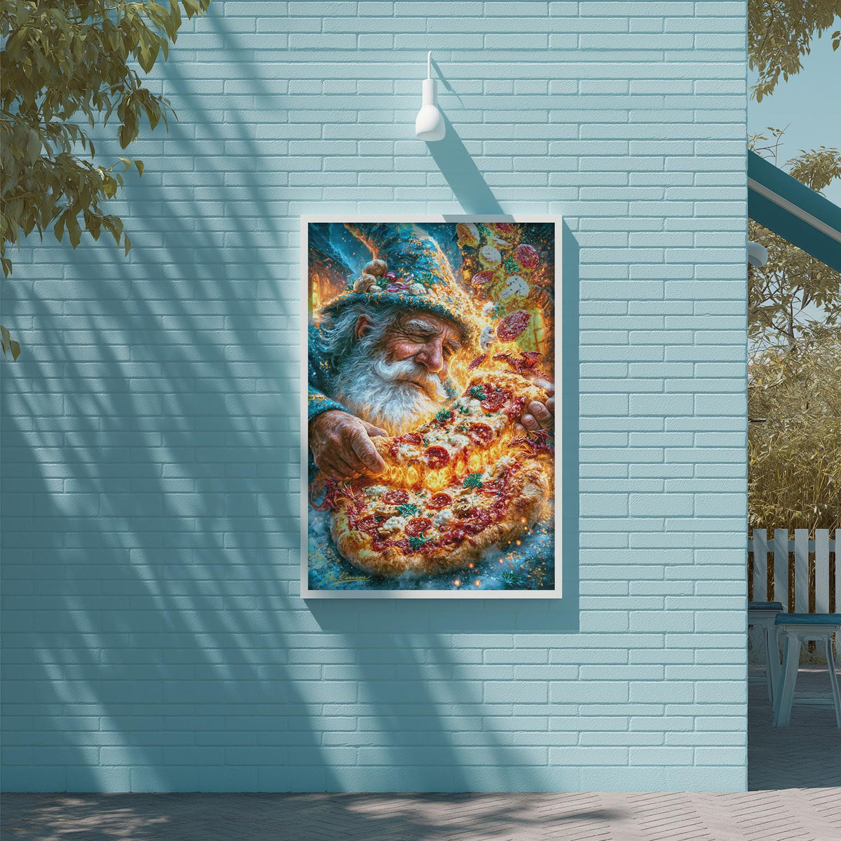 a large, colorful painting of a bearded man holding a pizza, hanging on a blue wall.