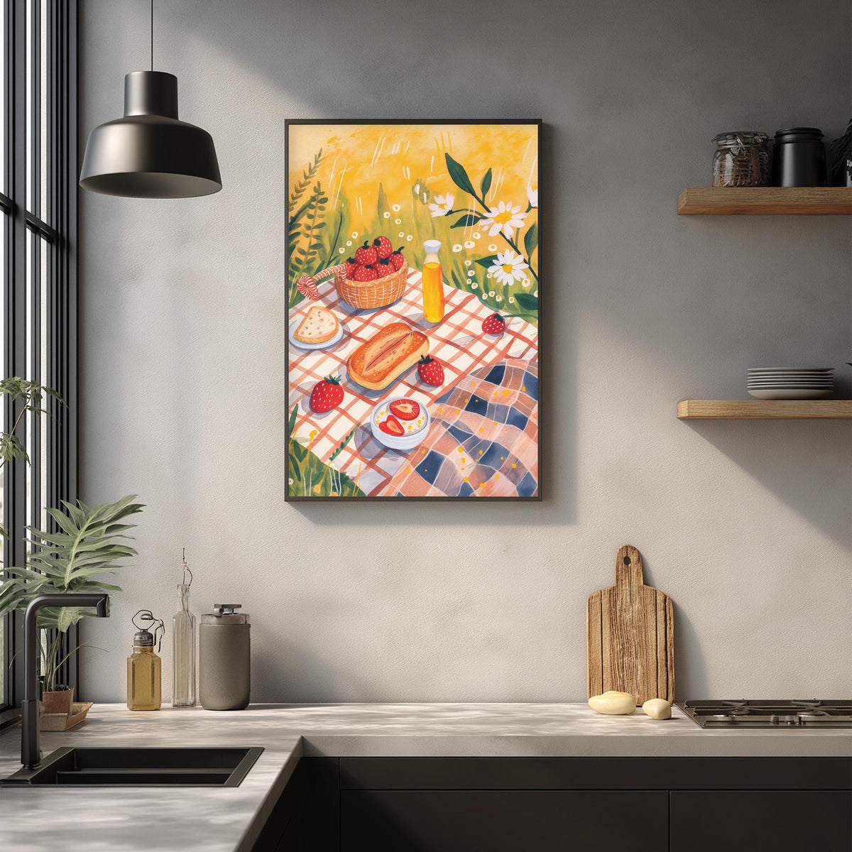 a kitchen scene with a framed painting of a picnic table and various food items, such as a basket of strawberries, a plate of bread, and a bowl of fruit, hanging on the wall above a kitchen counter.