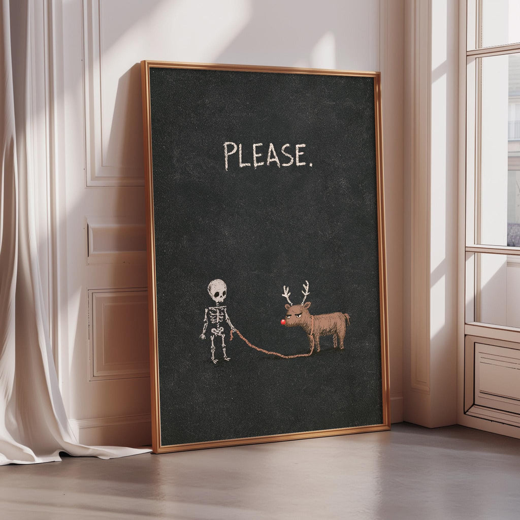 a blackboard with a skeleton and a reindeer, accompanied by the text "PLEASE."