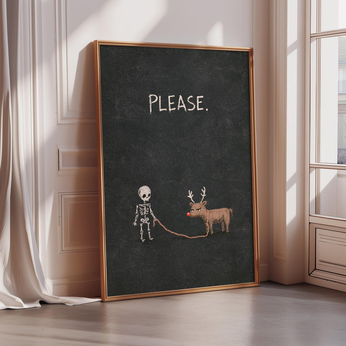 a blackboard with a skeleton and a reindeer, accompanied by the text "PLEASE."