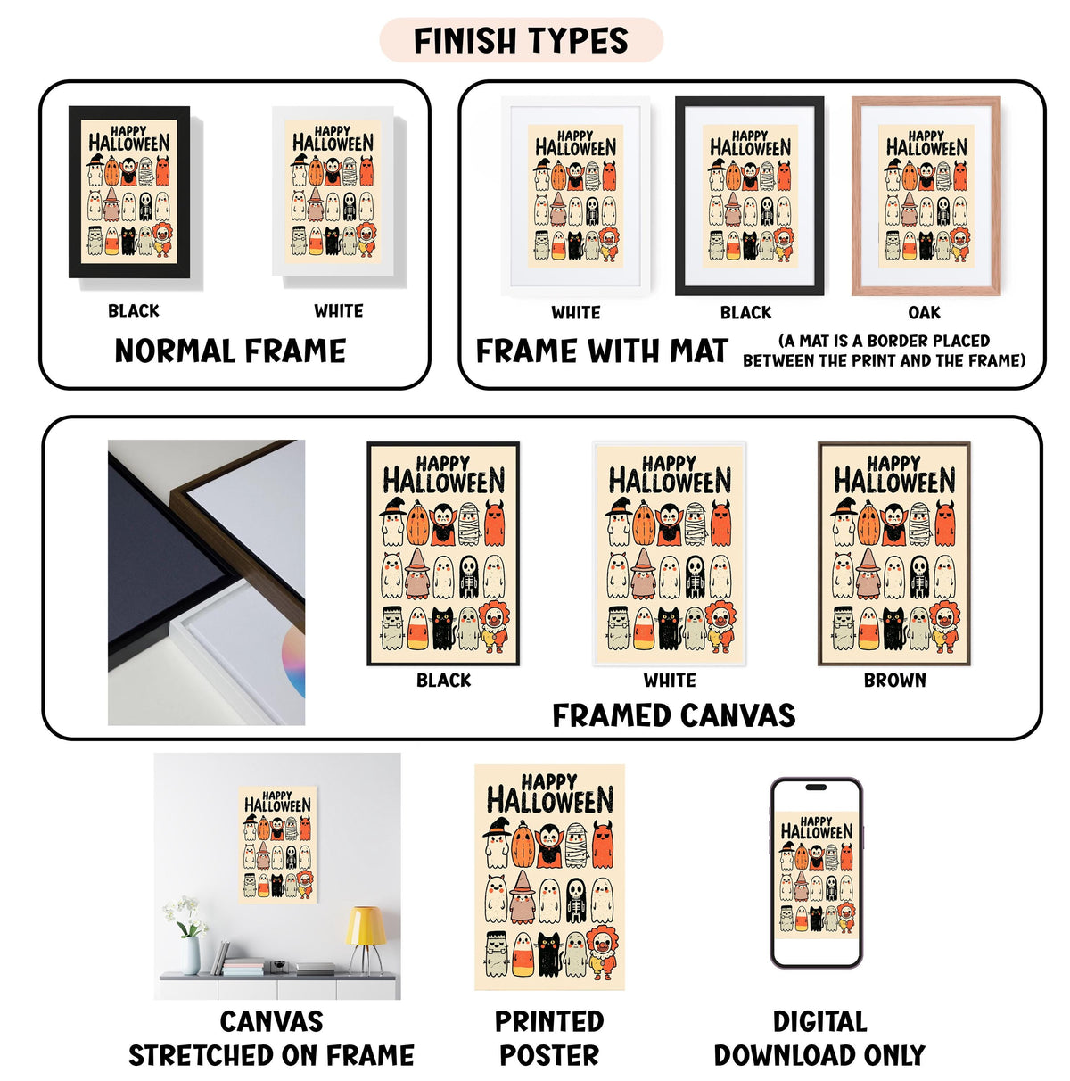 various types of Halloween-themed artwork, including framed prints, canvas prints, and digital posters. The artwork is presented in different frames and sizes, showcasing the versatility of the design.