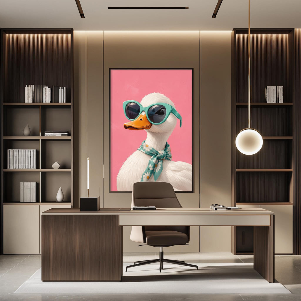 a modern office space with a large framed poster of a duck wearing sunglasses on the wall. The office has a wooden desk, a chair, and a bookshelf filled with books.