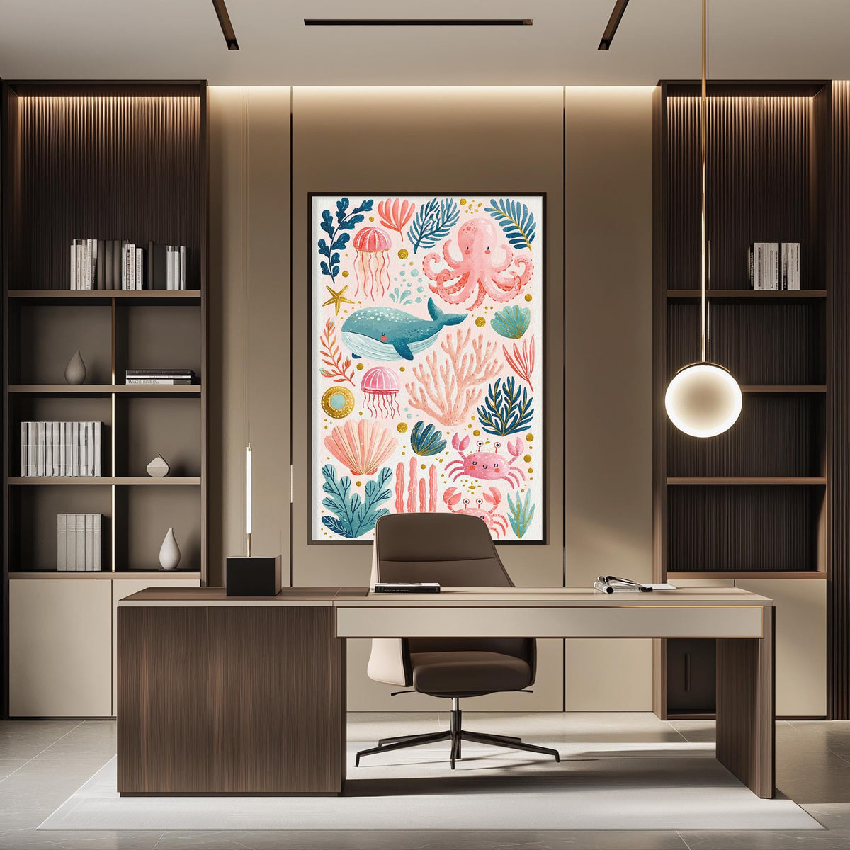 a modern and stylish office space with a large, colorful painting of marine life adorning the wall above a wooden desk. The desk is equipped with a chair and a lamp, creating a comfortable workspace. The office is well-lit, with a bookshelf and a chandelier adding to the sophisticated ambiance.