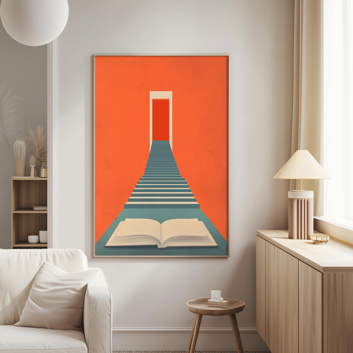 a living room with a large, colorful painting of a staircase leading up to an orange door. The painting is hung on the wall above a white couch, and there is a small table and lamp next to the couch.