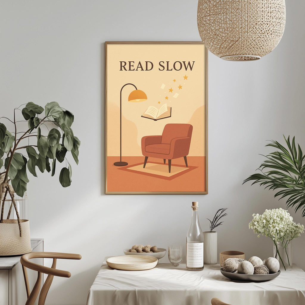 a cozy reading nook with a lamp, a red armchair, and a book, accompanied by a potted plant, a bowl of fruit, and a bottle of wine on a table.