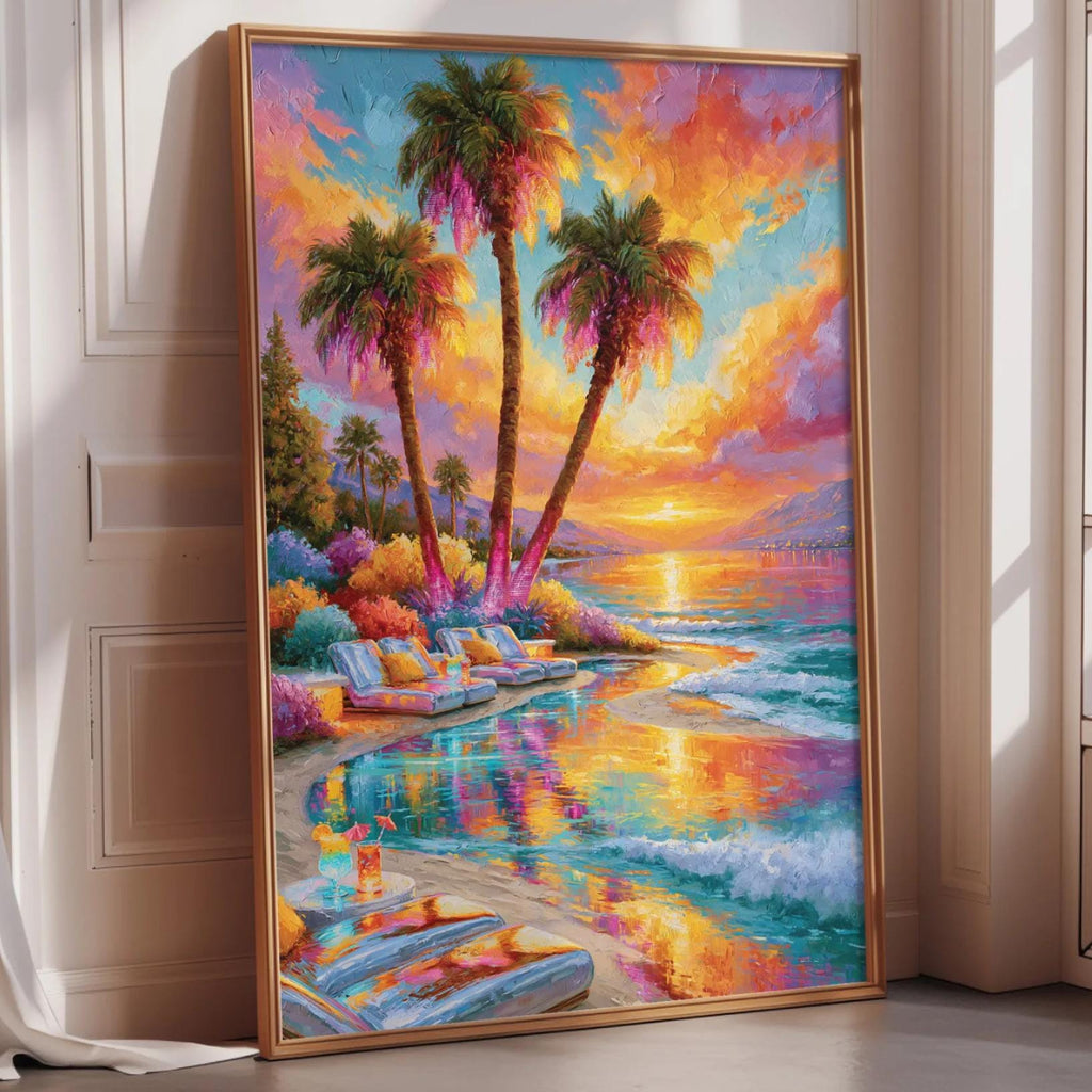A vibrant painting depicting a tropical beach scene with palm trees, colorful flowers, and a sunset over the ocean.