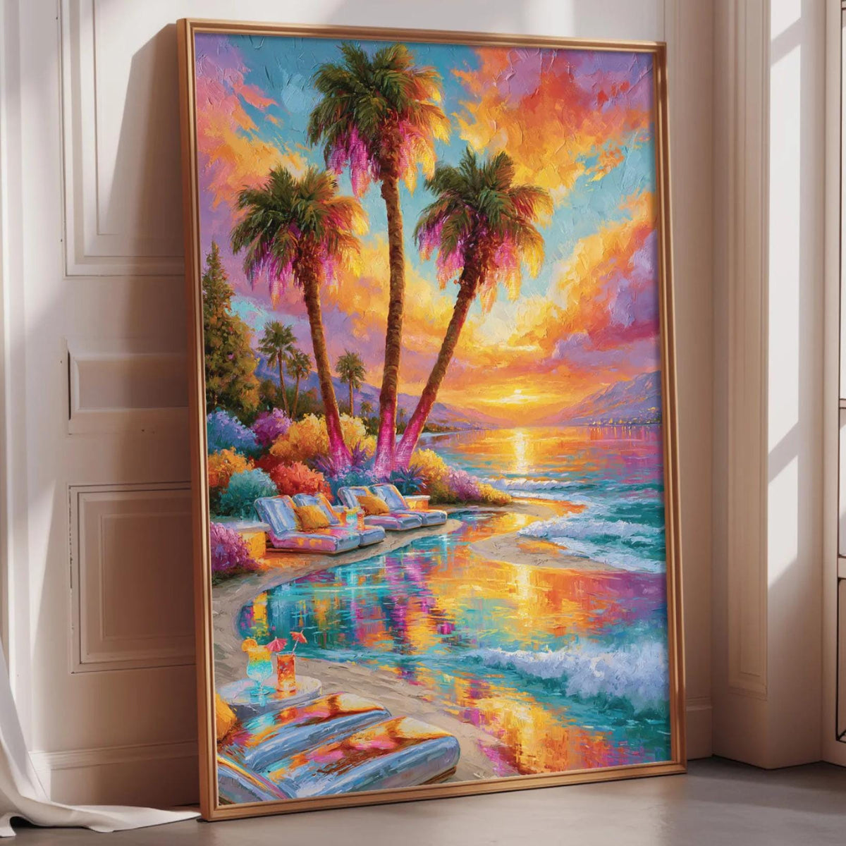 A vibrant painting depicting a tropical beach scene with palm trees, colorful flowers, and a sunset over the ocean.